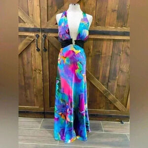 NWT NIGHTWAY Multi Color Formal Halter Rhinestone Accents Gown Size 14